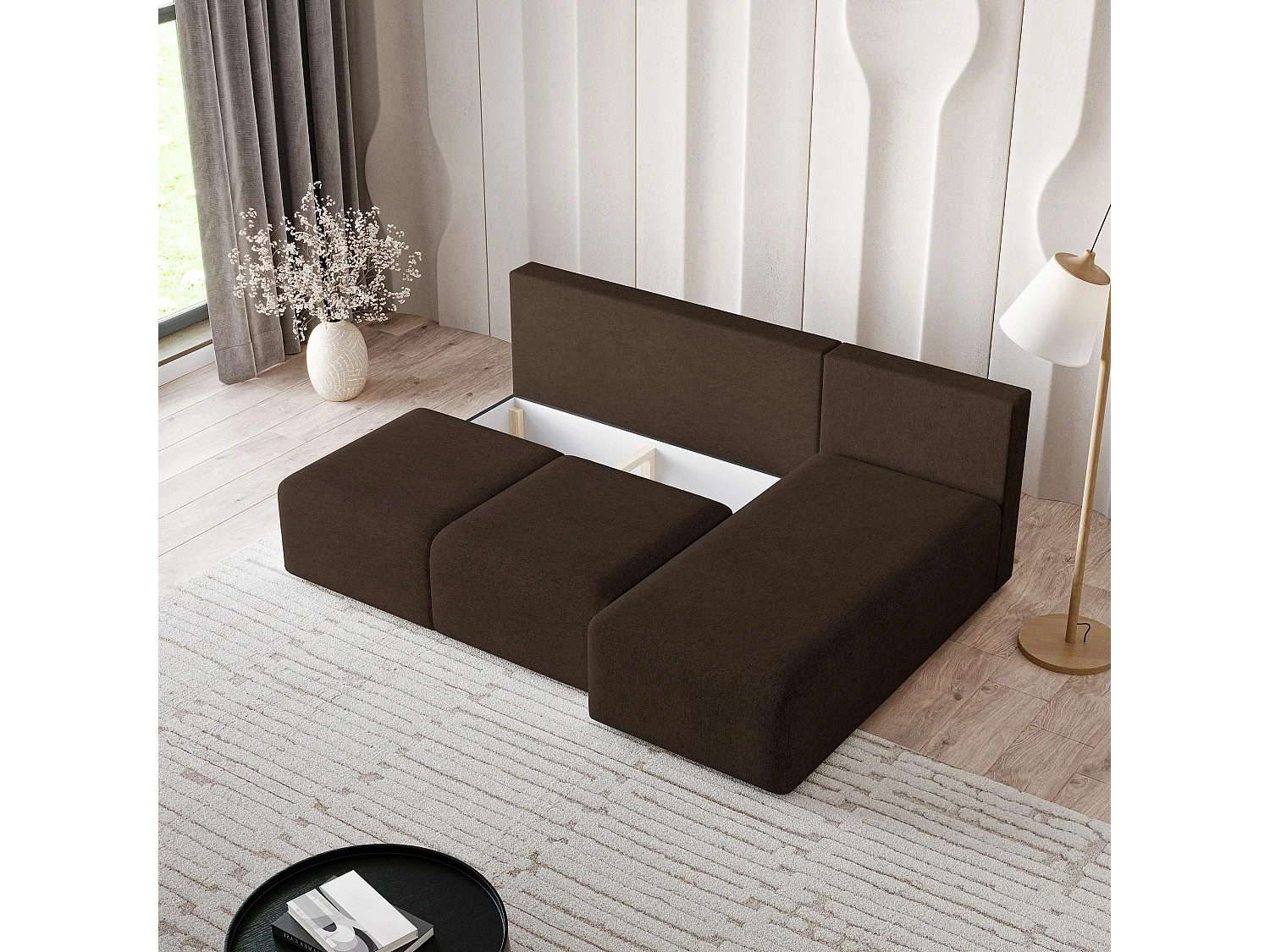 Canapé d'angle TRAMA en velours avec fonction couchage Marron