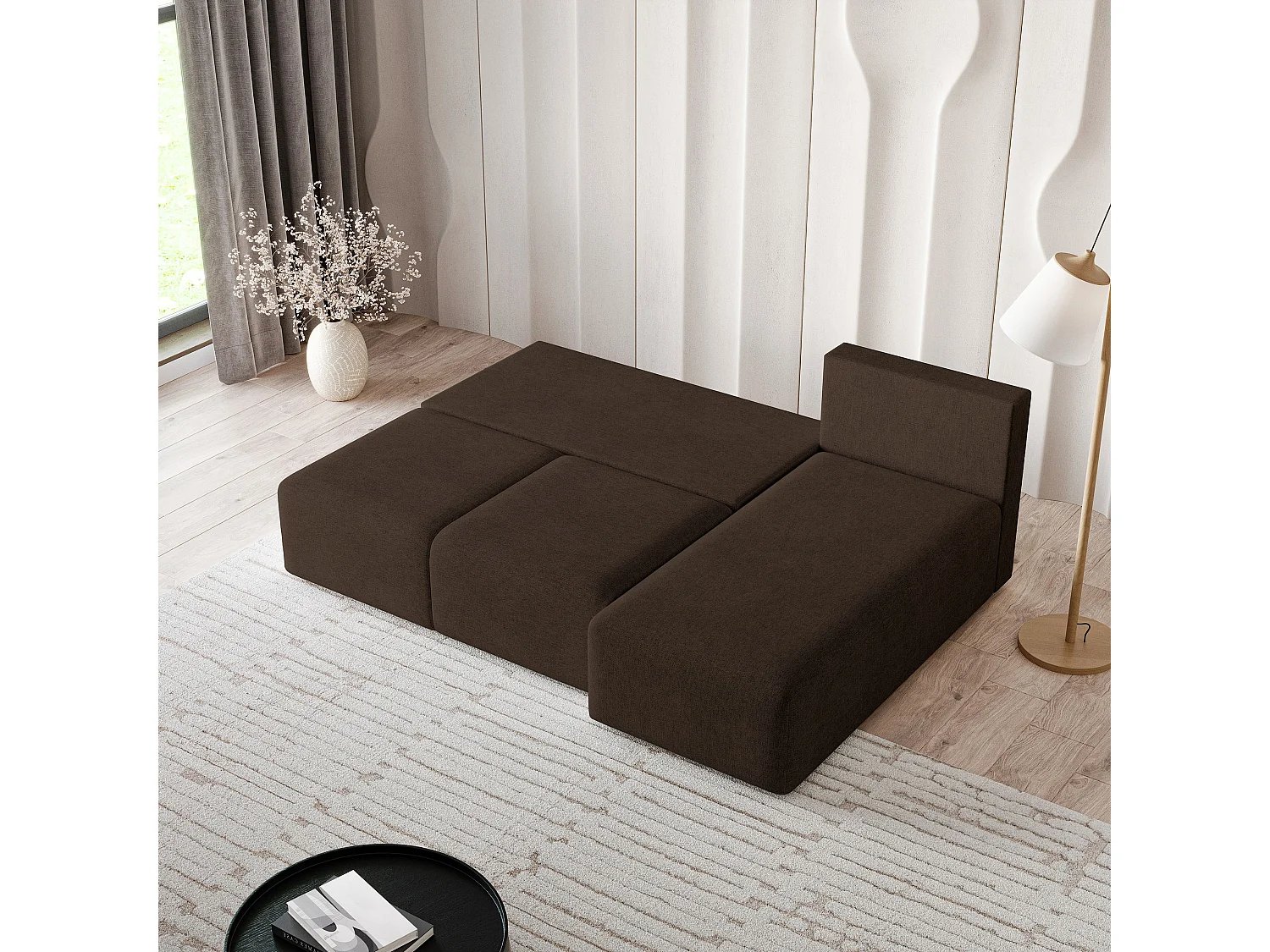 Canapé d'angle TRAMA en velours avec fonction couchage Marron