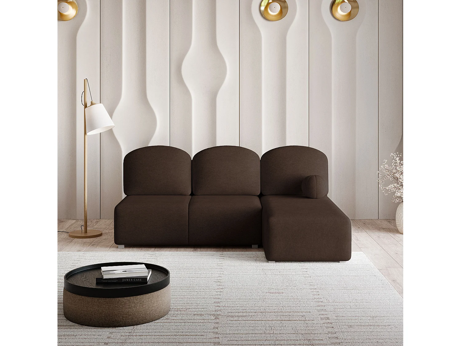 Canapé d'angle TRAMA en velours avec fonction couchage Marron