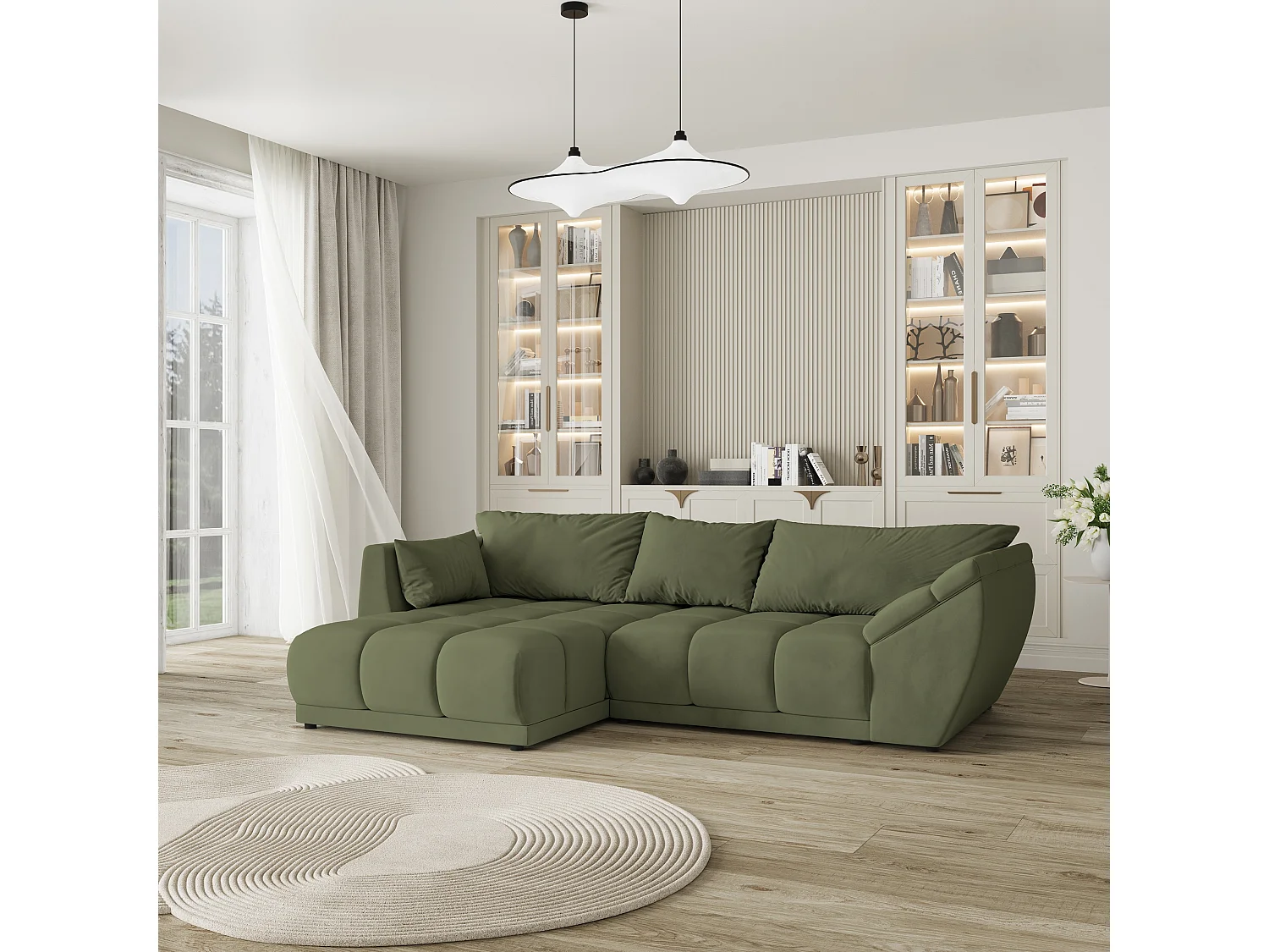 Canapé d'angle ORENTI en velours avec fonction couchage Vert