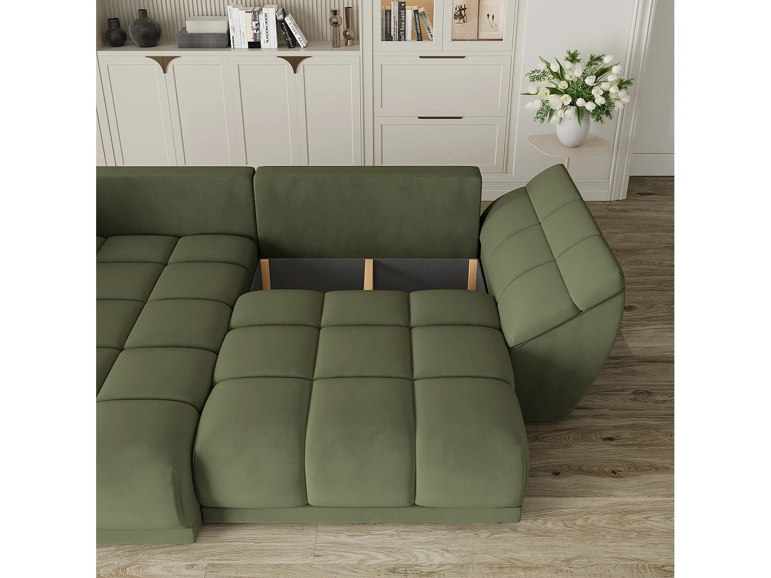 Canapé d'angle ORENTI en velours avec fonction couchage Vert