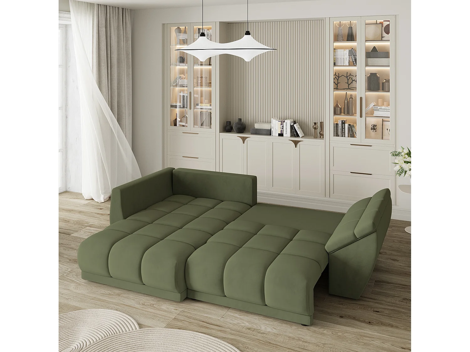 Canapé d'angle ORENTI en velours avec fonction couchage Vert