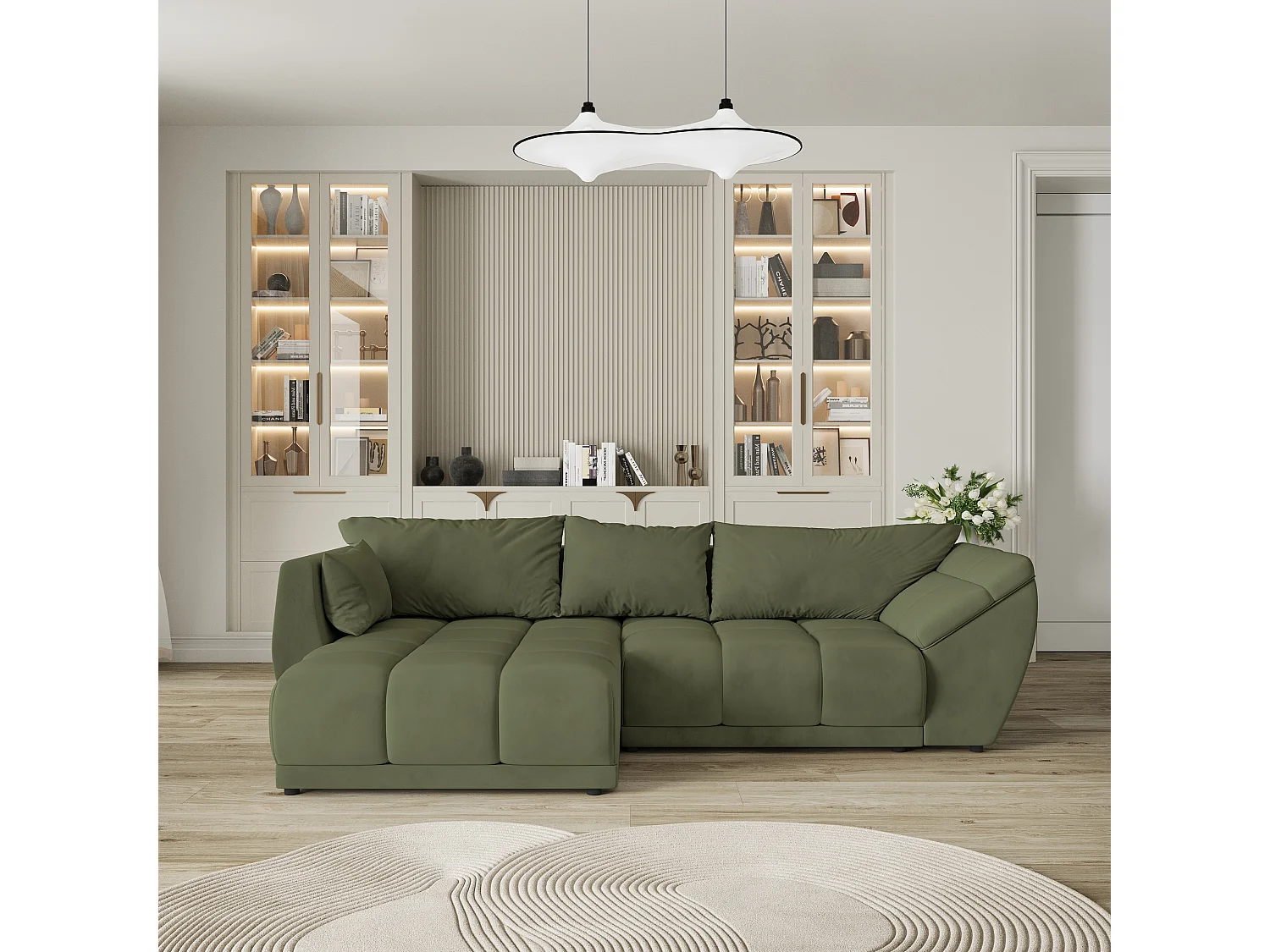 Canapé d'angle ORENTI en velours avec fonction couchage Vert