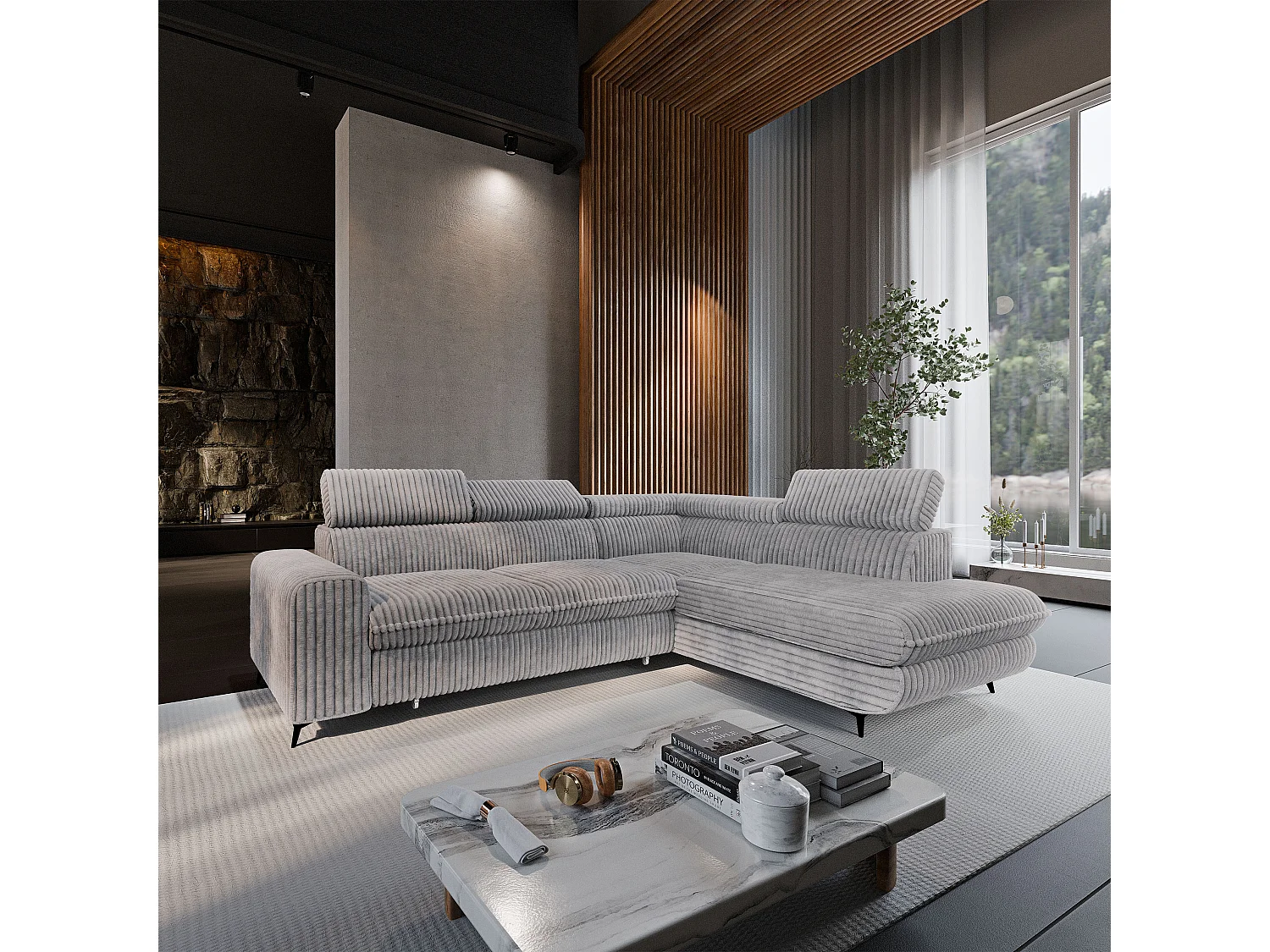 Canapé d'angle VELISS en velours avec fonction couchage Gris clair