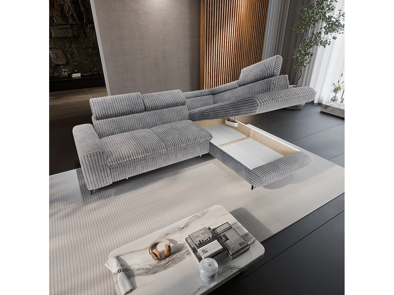 Canapé d'angle VELISS en velours avec fonction couchage Gris clair