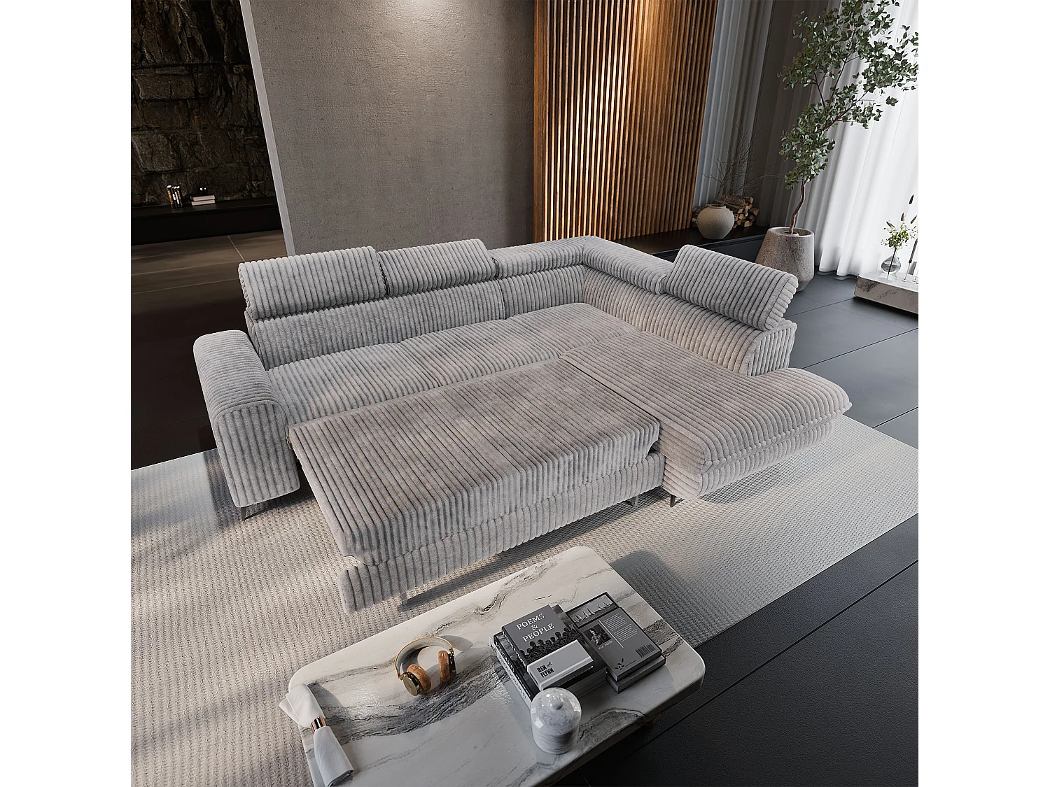 Canapé d'angle VELISS en velours avec fonction couchage Gris clair
