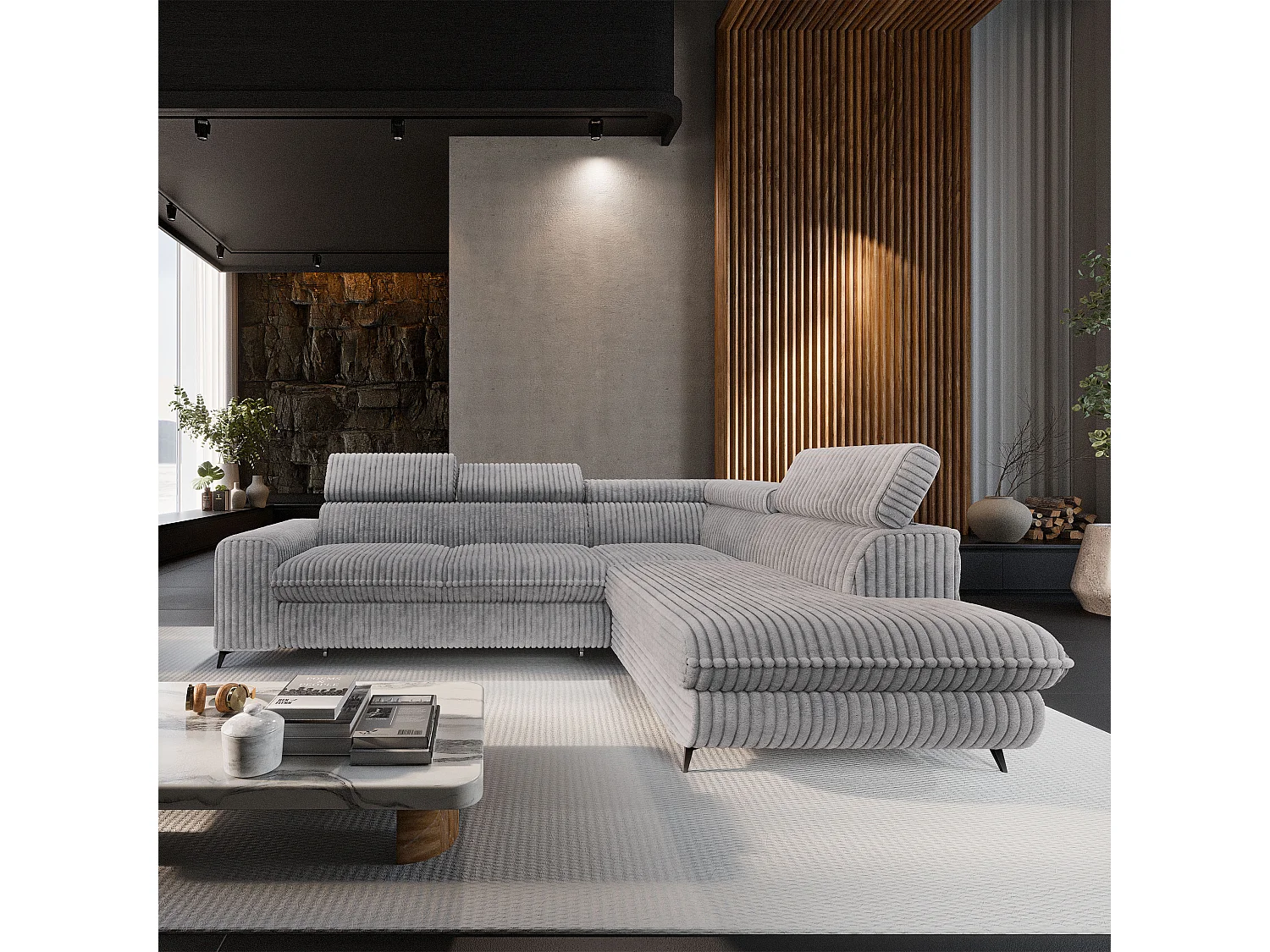 Canapé d'angle VELISS en velours avec fonction couchage Gris clair