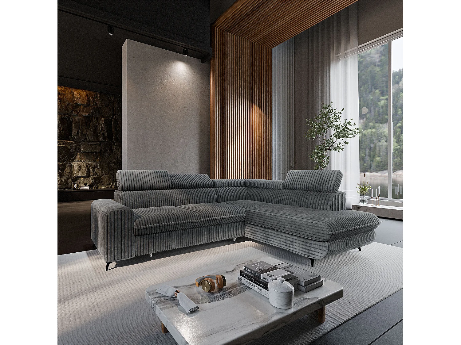 Canapé d'angle VELISS, avec fonction de couchage, velours côtelé Gris