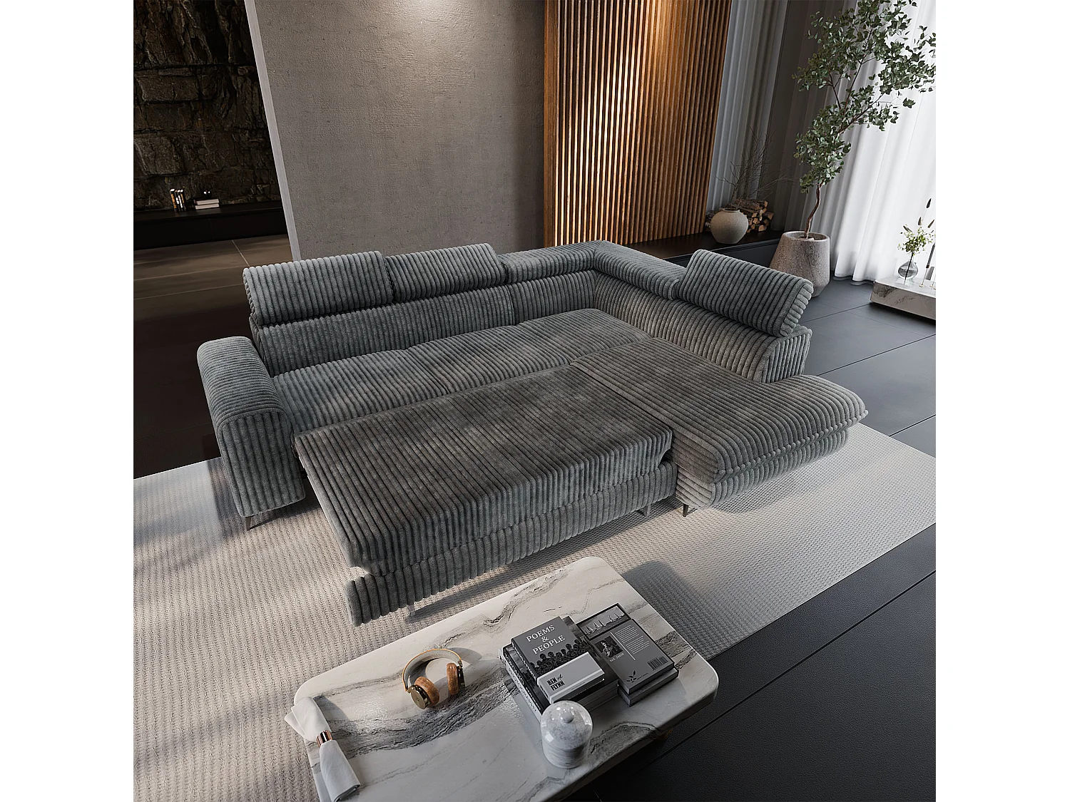 Canapé d'angle VELISS, avec fonction de couchage, velours côtelé Gris