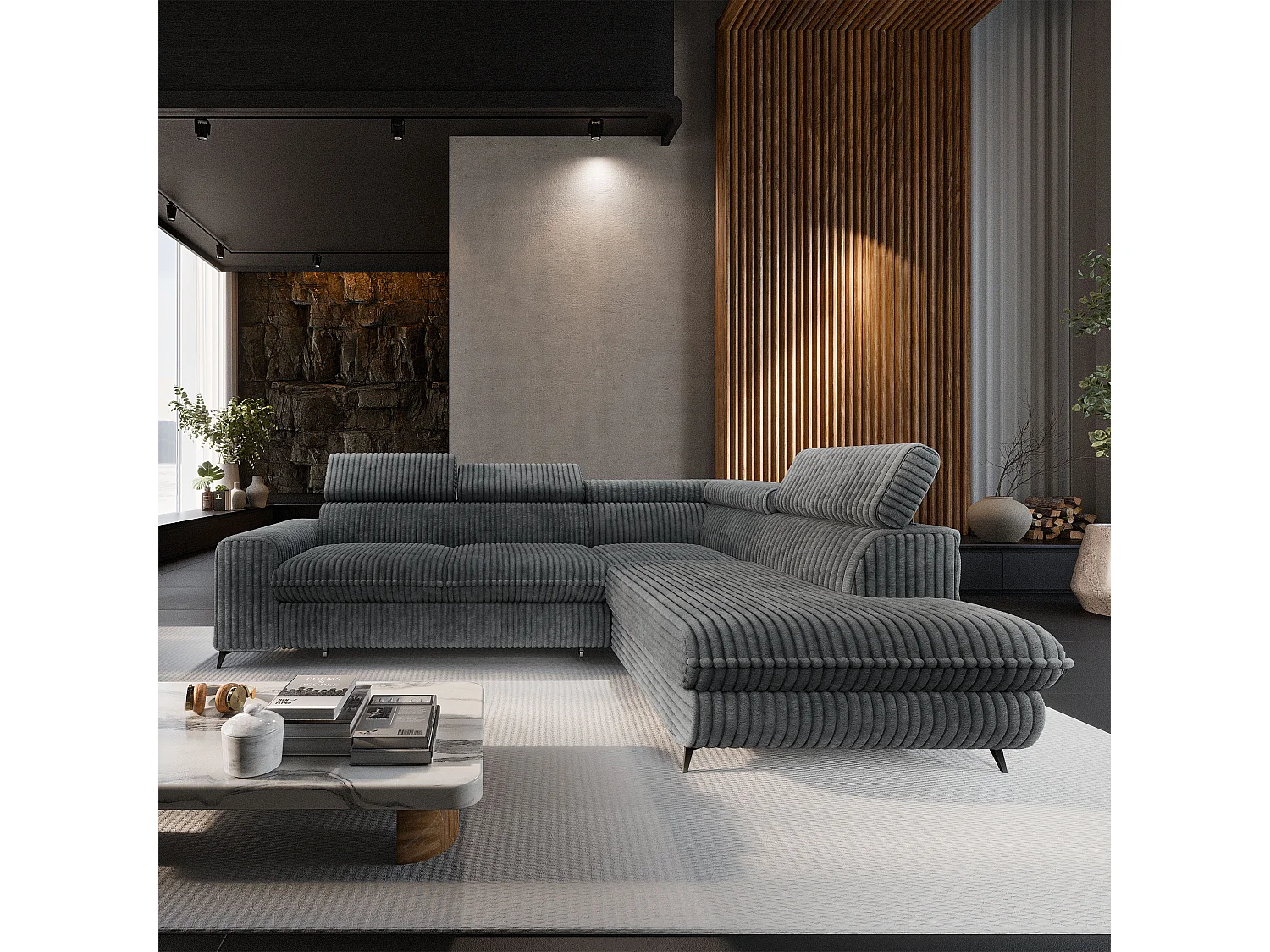 Canapé d'angle VELISS, avec fonction de couchage, velours côtelé Gris