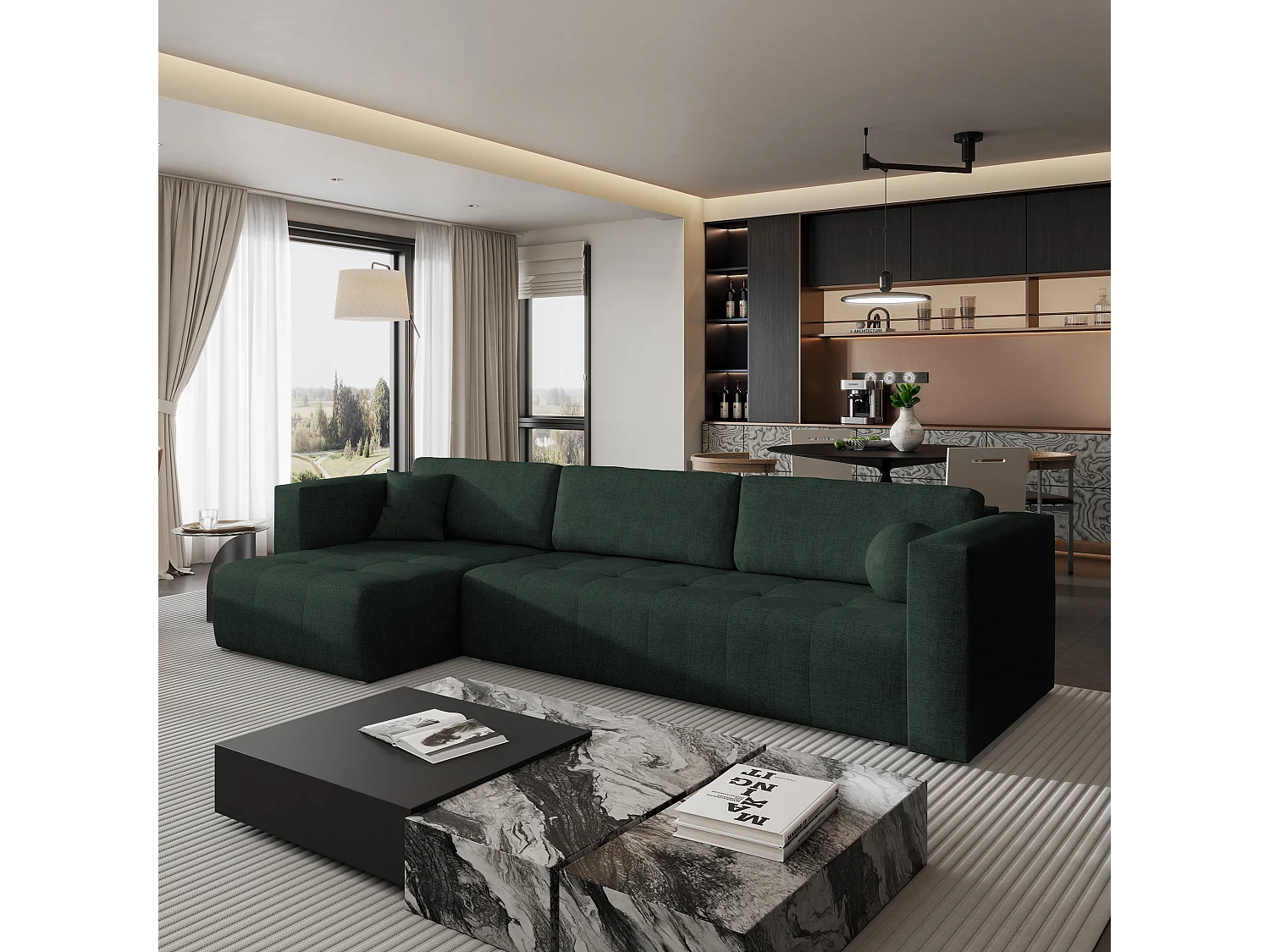 Canapé d'angle OLVERA en velours avec fonction couchage Vert