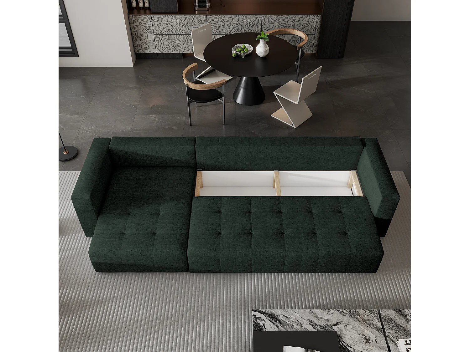 Canapé d'angle OLVERA en velours avec fonction couchage Vert