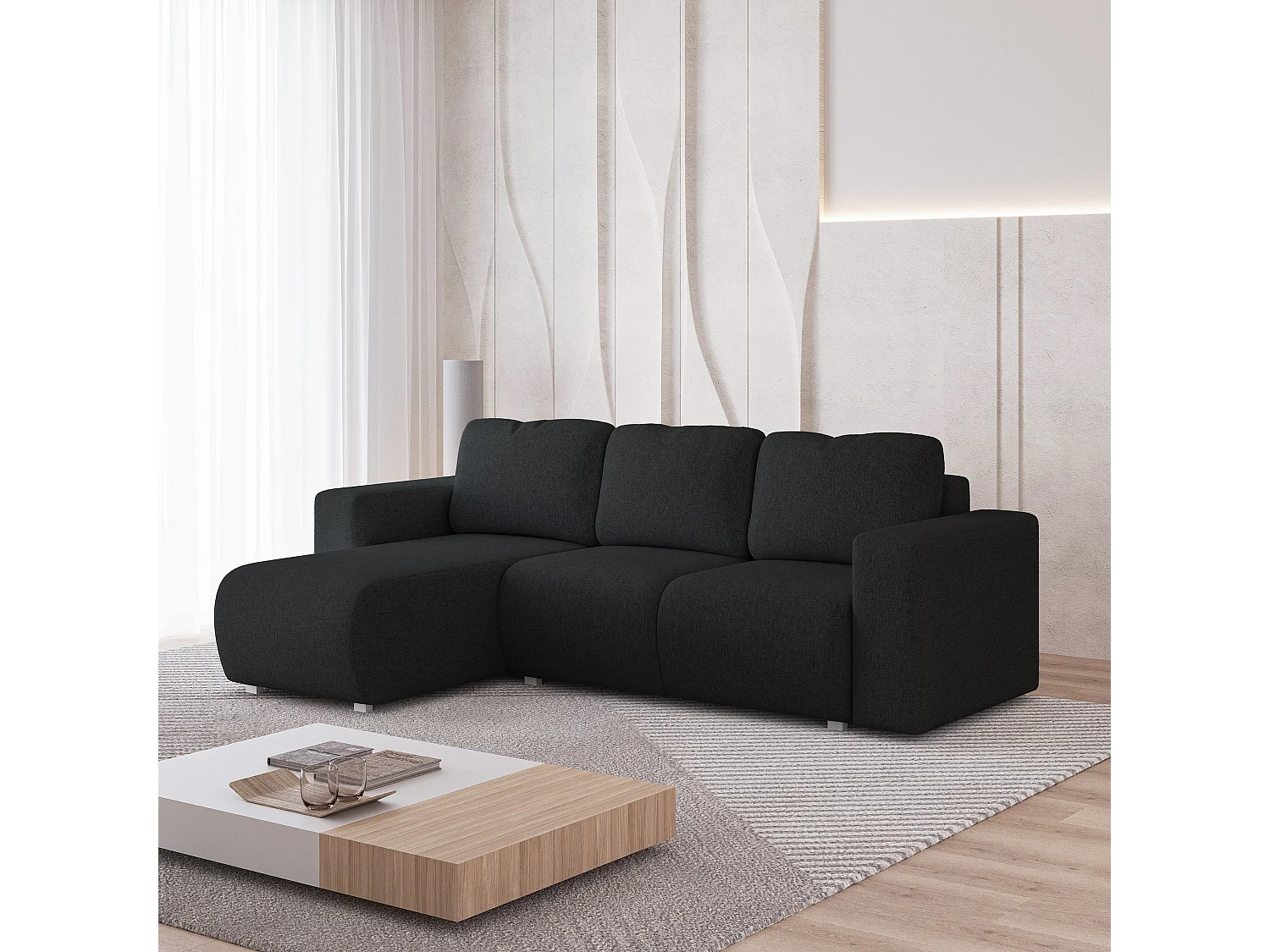 Canapé d'angle RINOVA en velours avec fonction couchage Noir