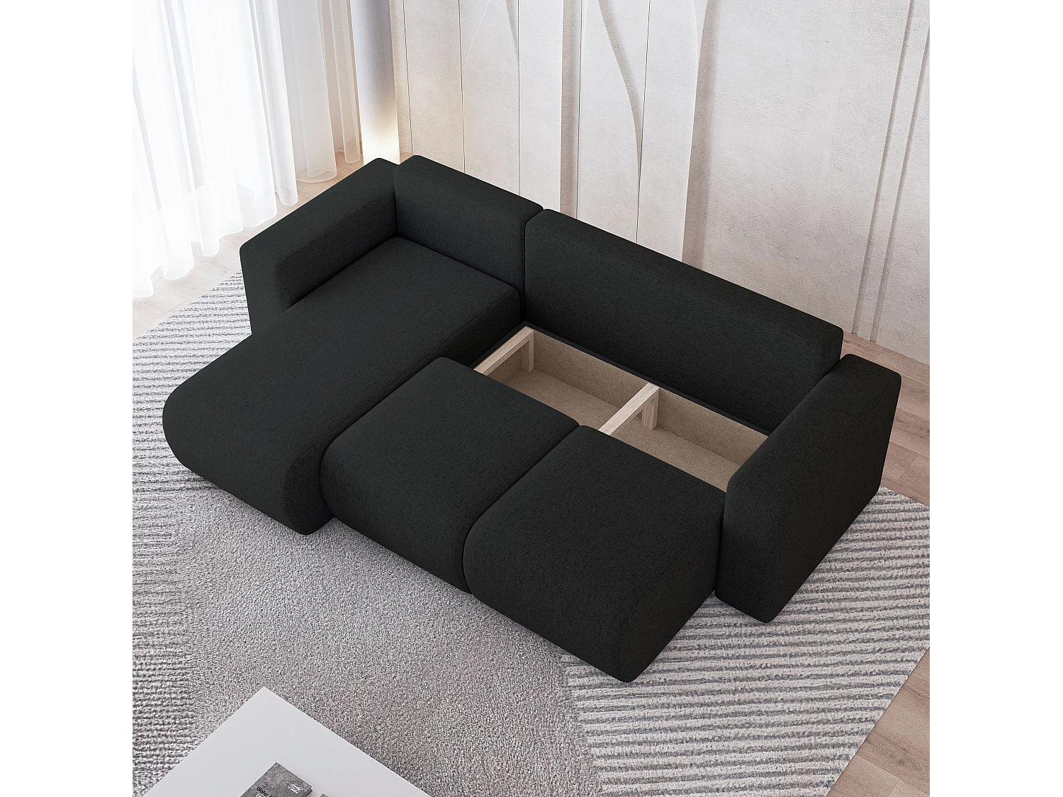 Canapé d'angle RINOVA en velours avec fonction couchage Noir