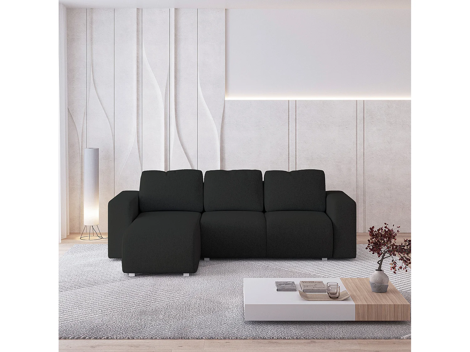 Canapé d'angle RINOVA en velours avec fonction couchage Noir