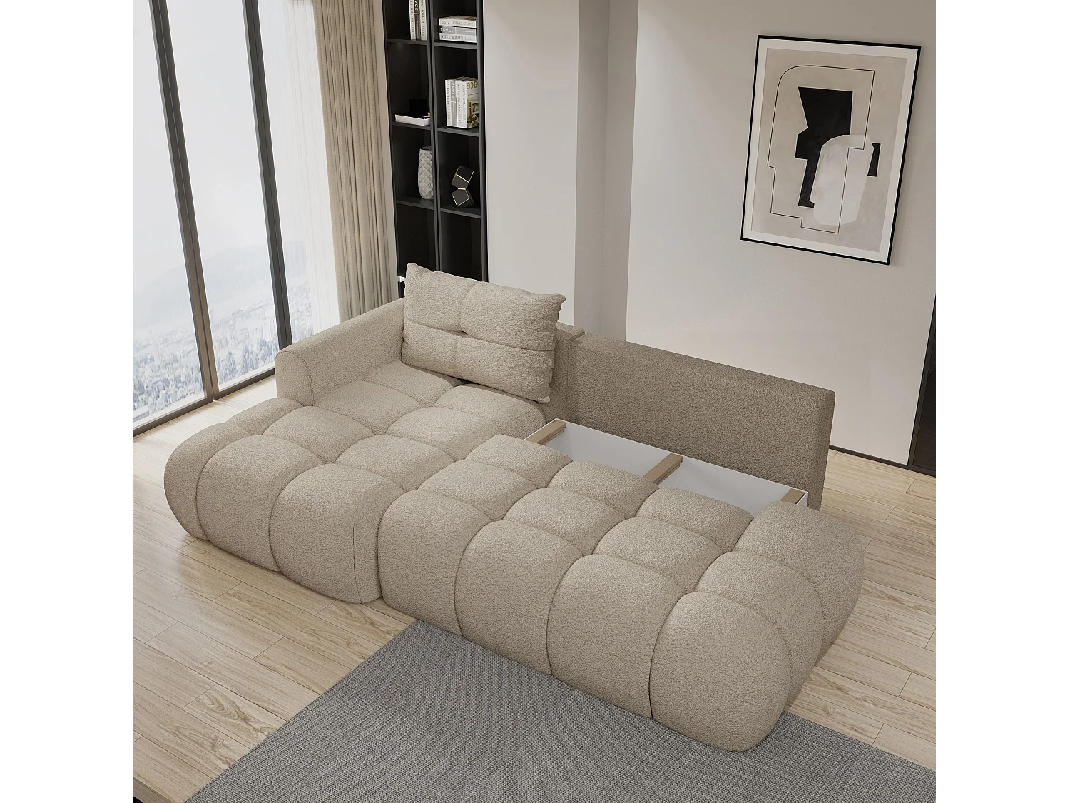 Hoekbank FLUMA van fluweel met slaapfunctie Beige