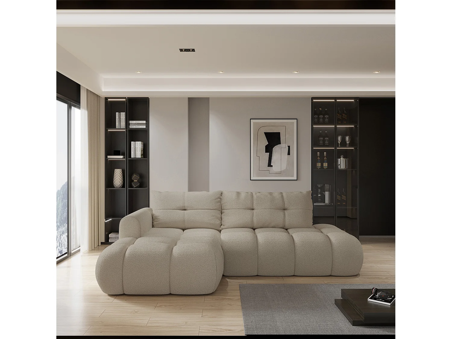 Hoekbank FLUMA van fluweel met slaapfunctie Beige
