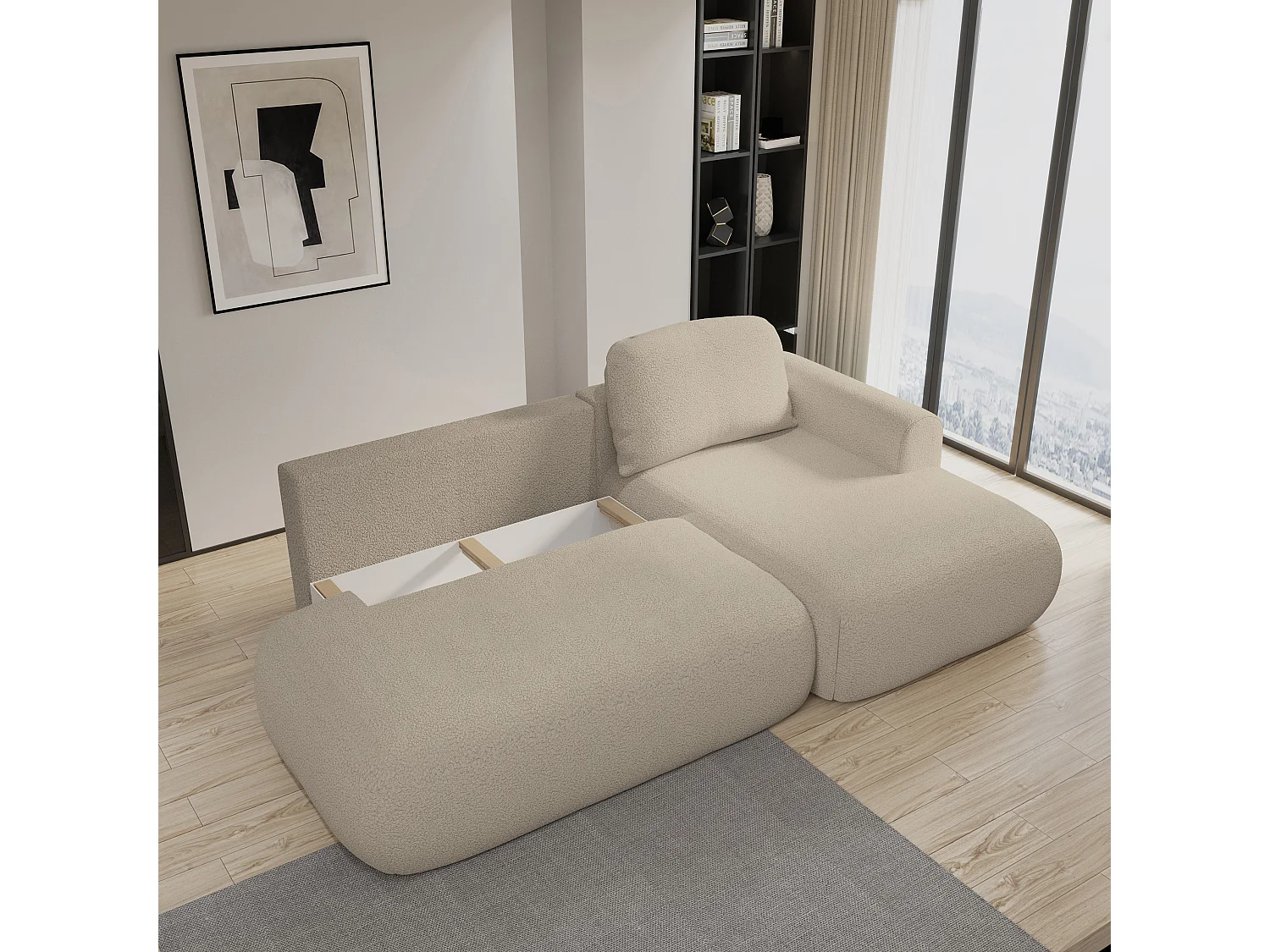 Hoekbank NUVIRA van fluweel met slaapfunctie Beige