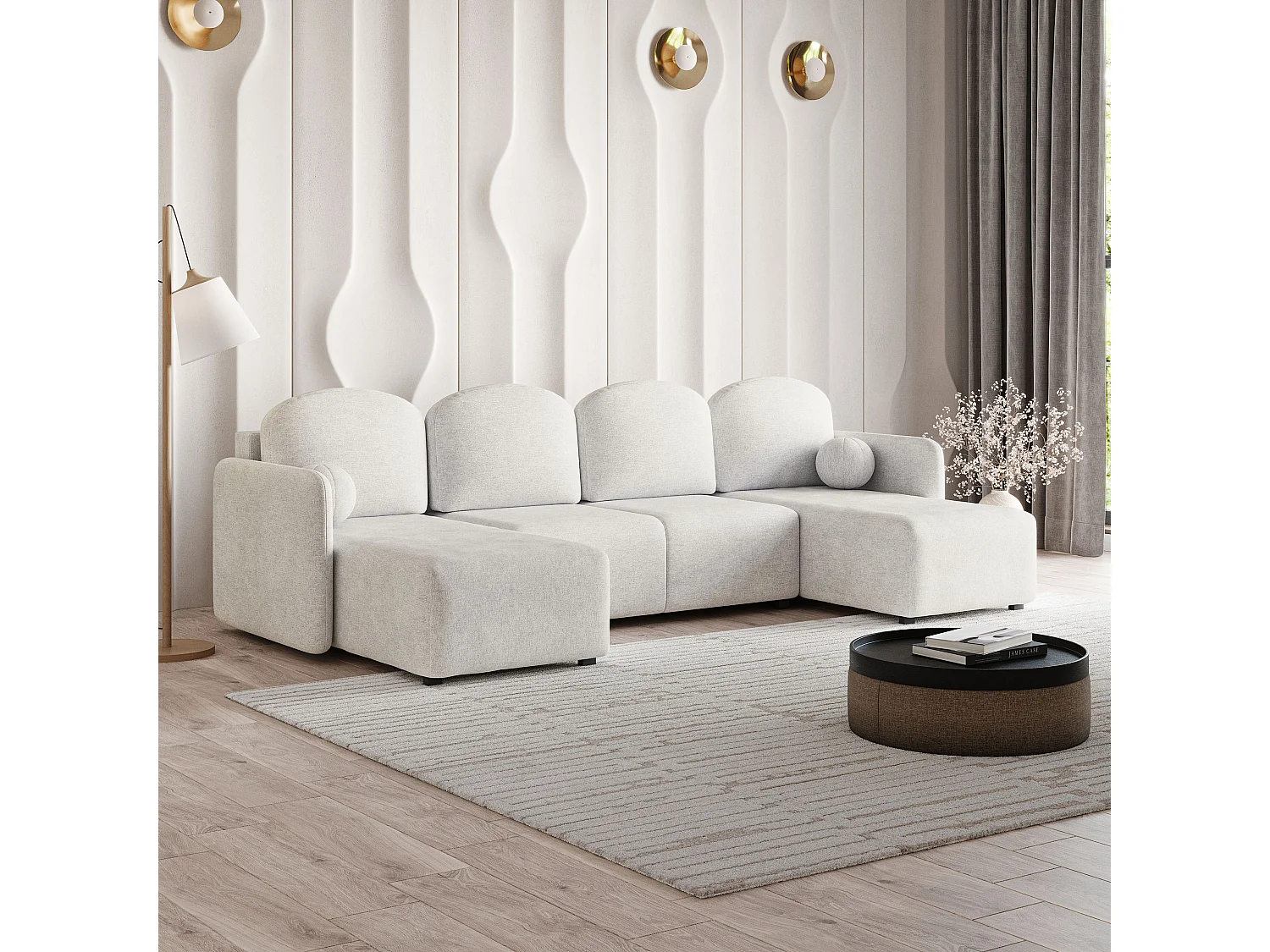 Canapé d'angle NUBERO en velours avec fonction couchage Crème