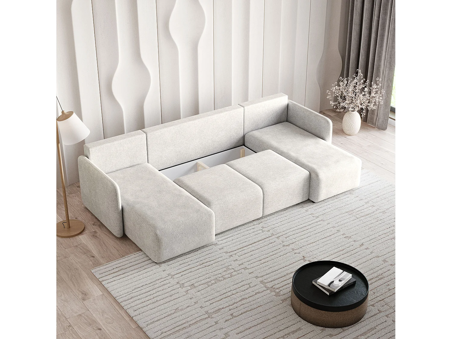 Canapé d'angle NUBERO en velours avec fonction couchage Crème