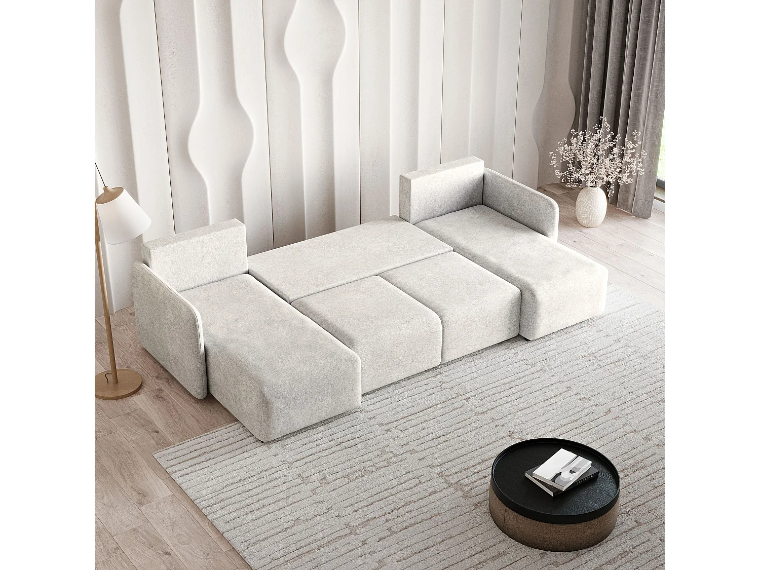 Canapé d'angle NUBERO en velours avec fonction couchage Crème