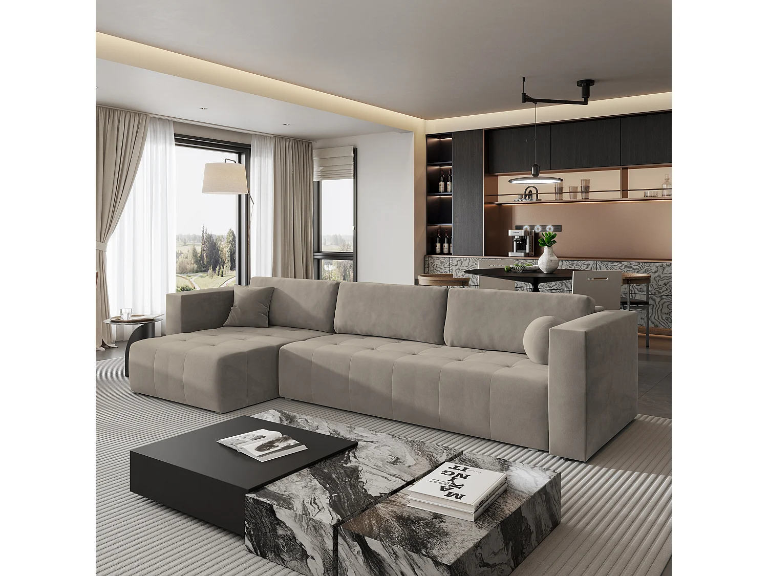 Canapé d'angle OLVERA en velours avec fonction couchage Beige