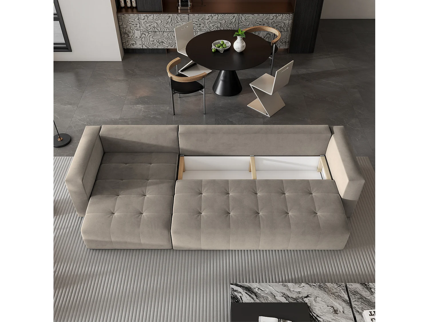 Canapé d'angle OLVERA en velours avec fonction couchage Beige
