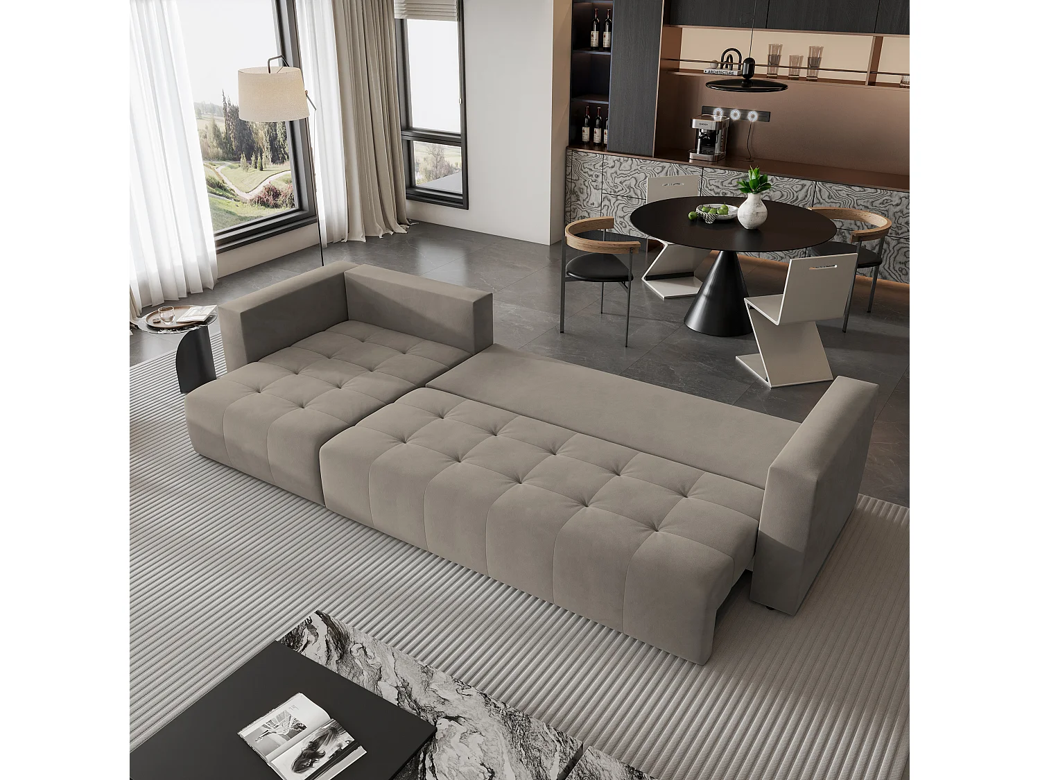 Canapé d'angle OLVERA en velours avec fonction couchage Beige