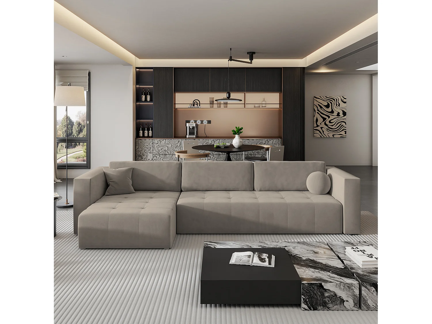 Canapé d'angle OLVERA en velours avec fonction couchage Beige