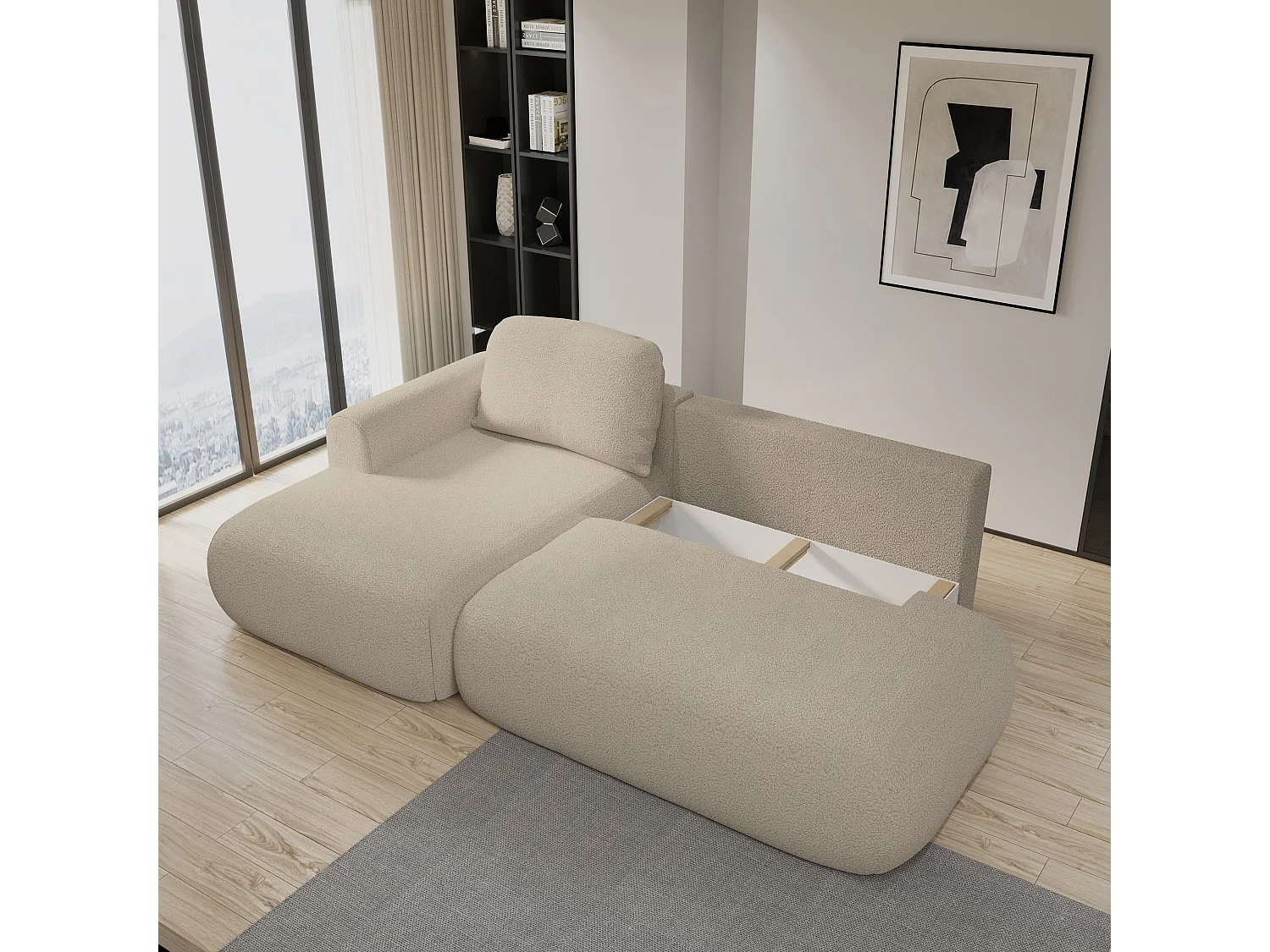 Hoekbank NUVIRA van fluweel met slaapfunctie Beige