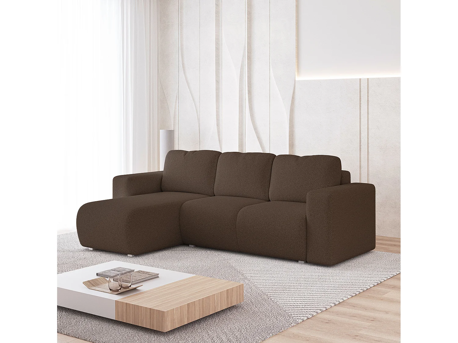 Canapé d'angle RINOVA en velours avec fonction couchage Marron