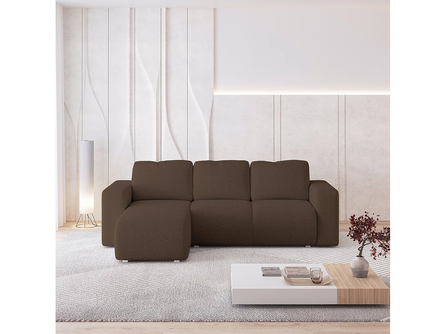 Canapé d'angle RINOVA en velours avec fonction couchage Marron