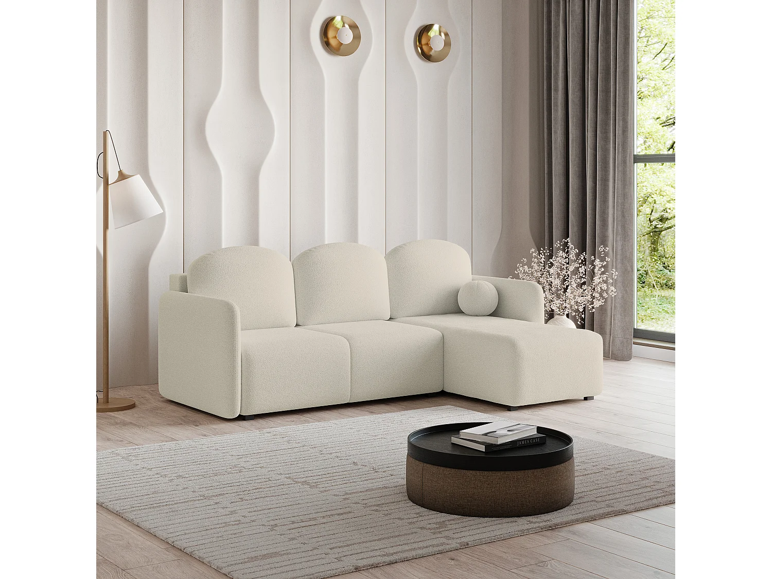 Canapé d'angle SUVINO en velours avec fonction couchage Crème