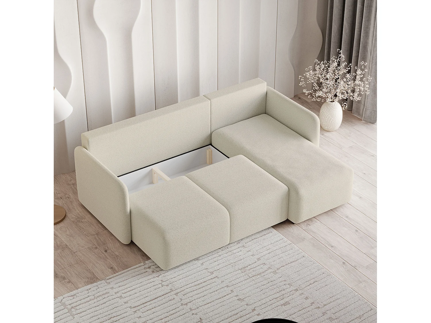 Canapé d'angle SUVINO en velours avec fonction couchage Crème