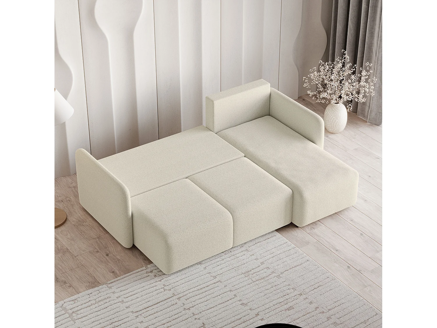 Canapé d'angle SUVINO en velours avec fonction couchage Crème