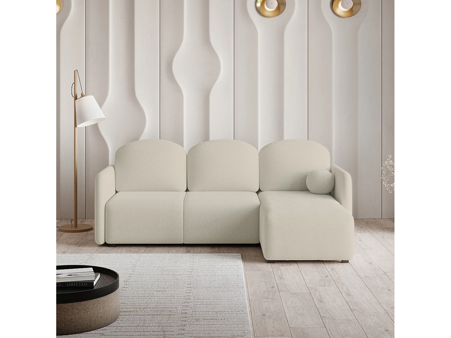 Canapé d'angle SUVINO en velours avec fonction couchage Crème
