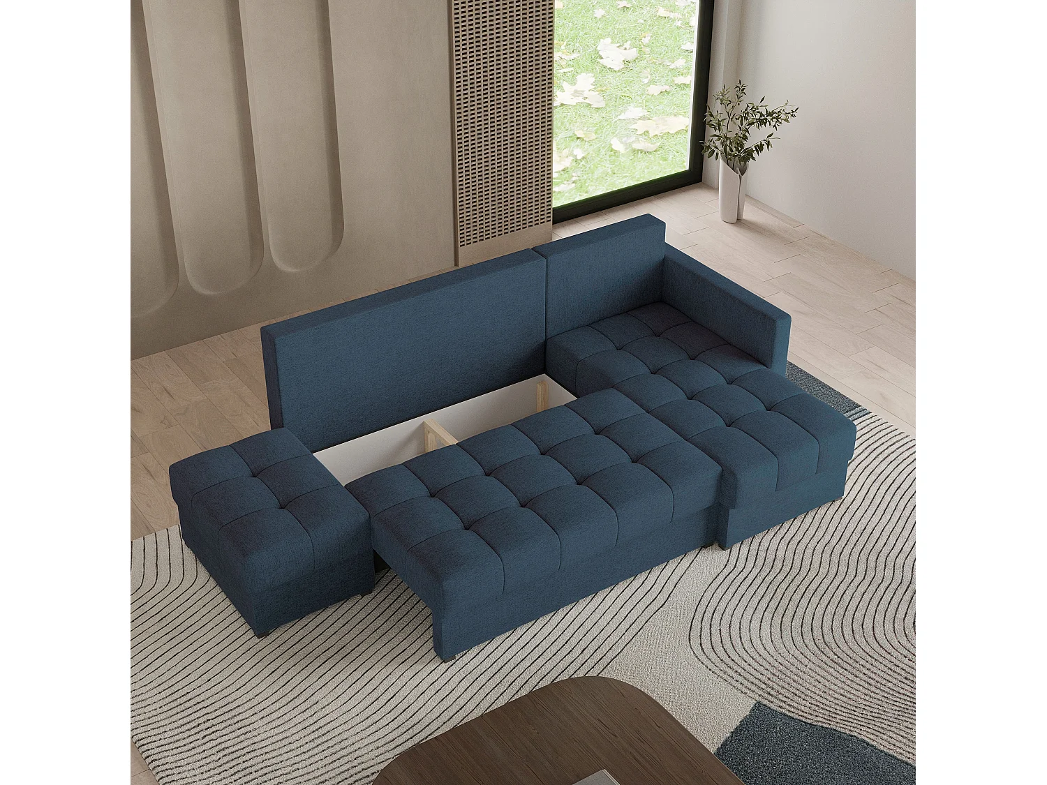 Canapé d'angle LUMARI en velours avec fonction couchage Bleu