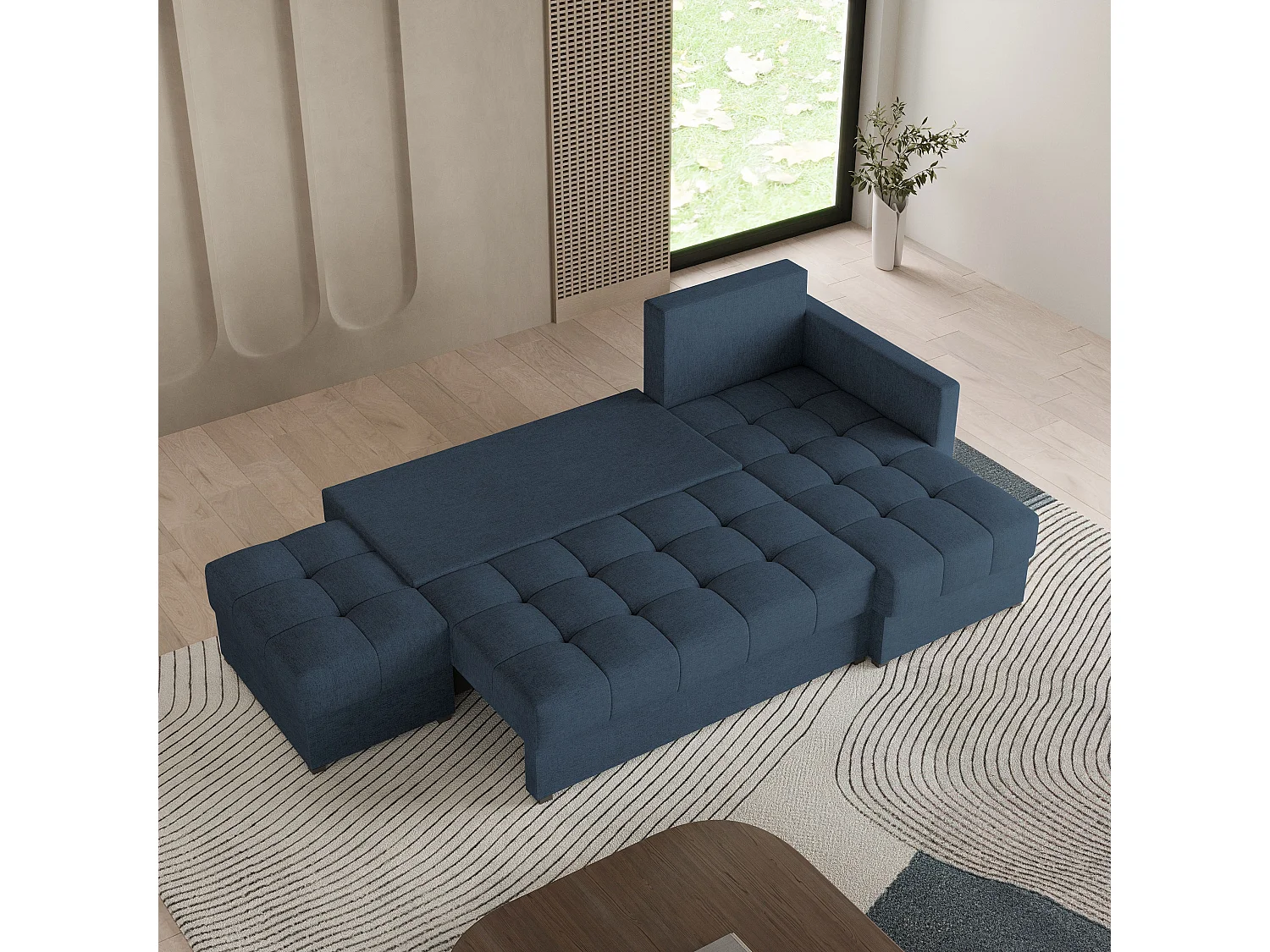Canapé d'angle LUMARI en velours avec fonction couchage Bleu