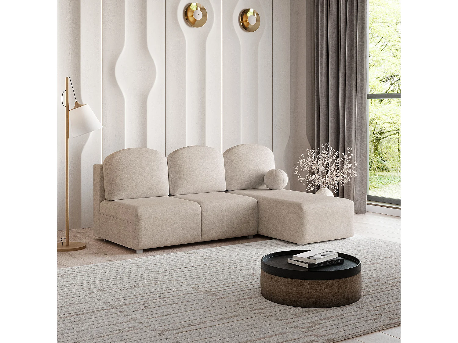 Hoekbank TRAMA van fluweel met slaapfunctie Beige