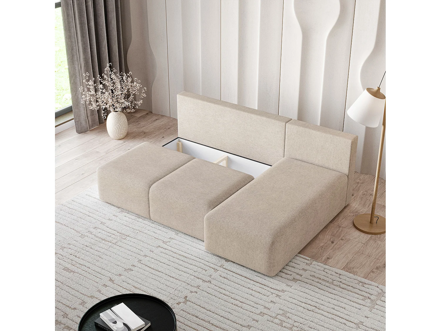Hoekbank TRAMA van fluweel met slaapfunctie Beige