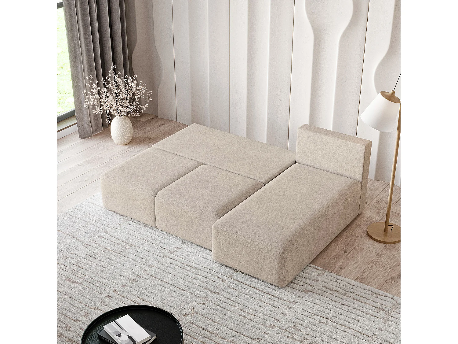 Hoekbank TRAMA van fluweel met slaapfunctie Beige
