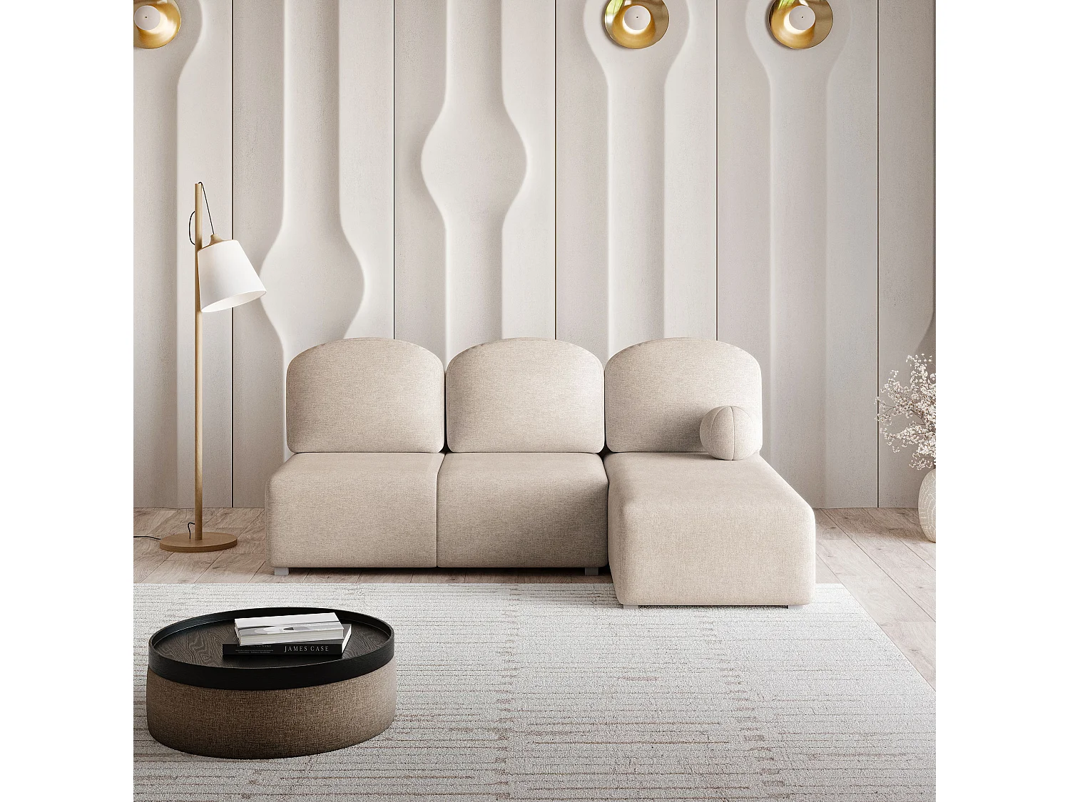 Hoekbank TRAMA van fluweel met slaapfunctie Beige