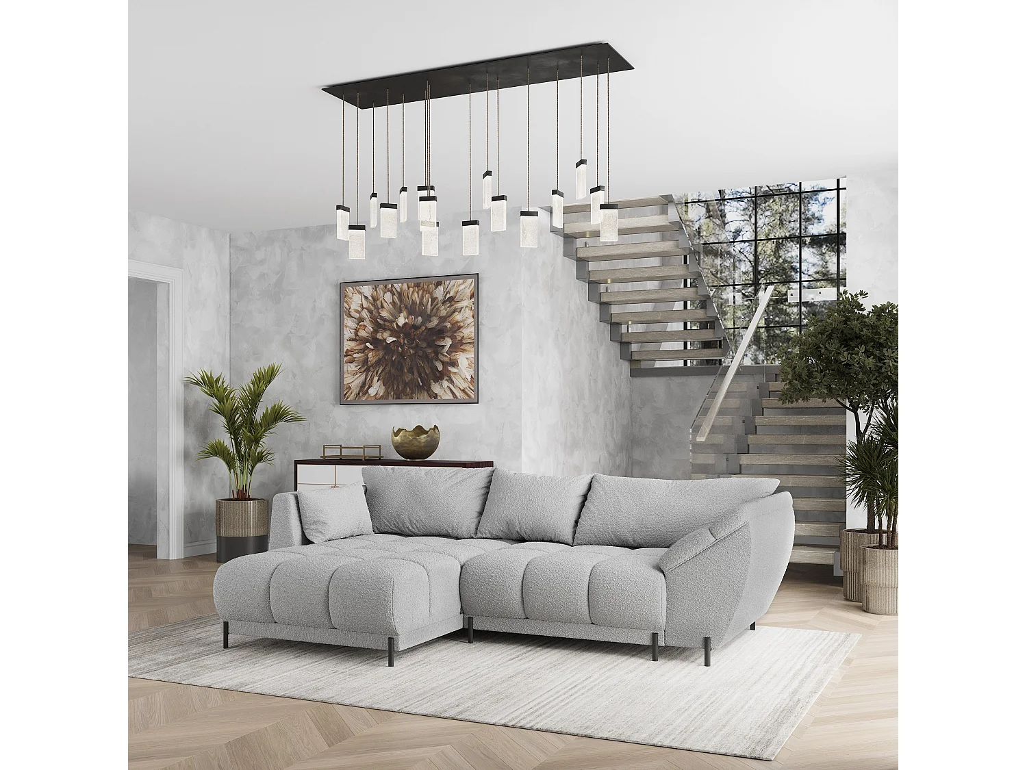 Canapé d'angle VESTANO en velours avec fonction couchage Gris clair