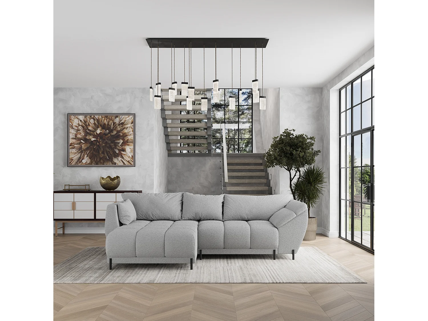 Canapé d'angle VESTANO en velours avec fonction couchage Gris clair