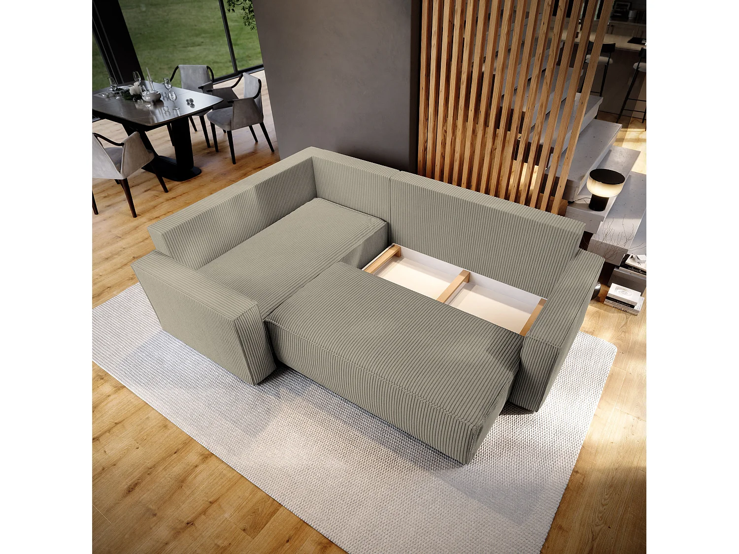 Hoekbank ESTANO van fluweel met slaapfunctie Beige
