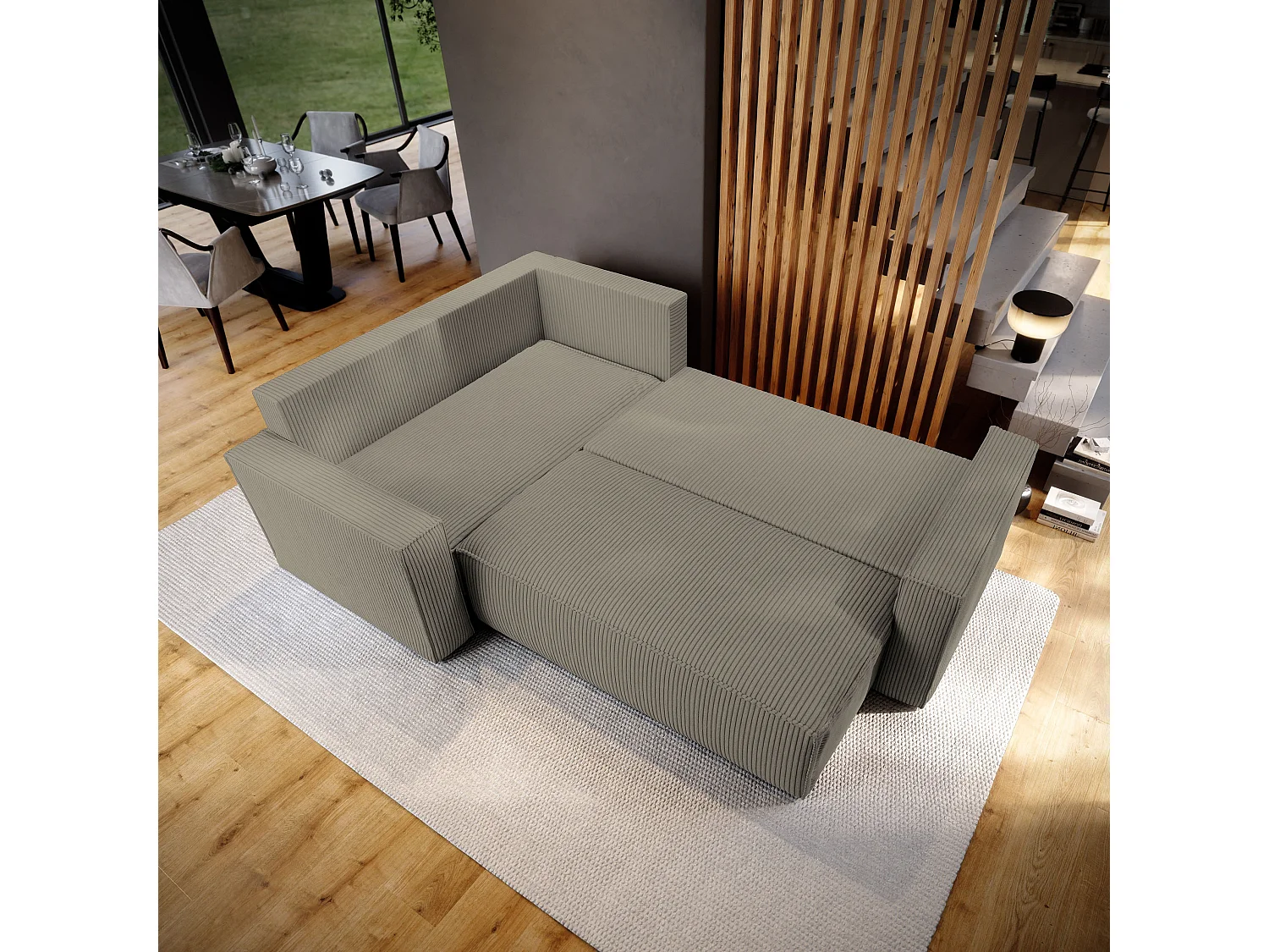 Hoekbank ESTANO van fluweel met slaapfunctie Beige