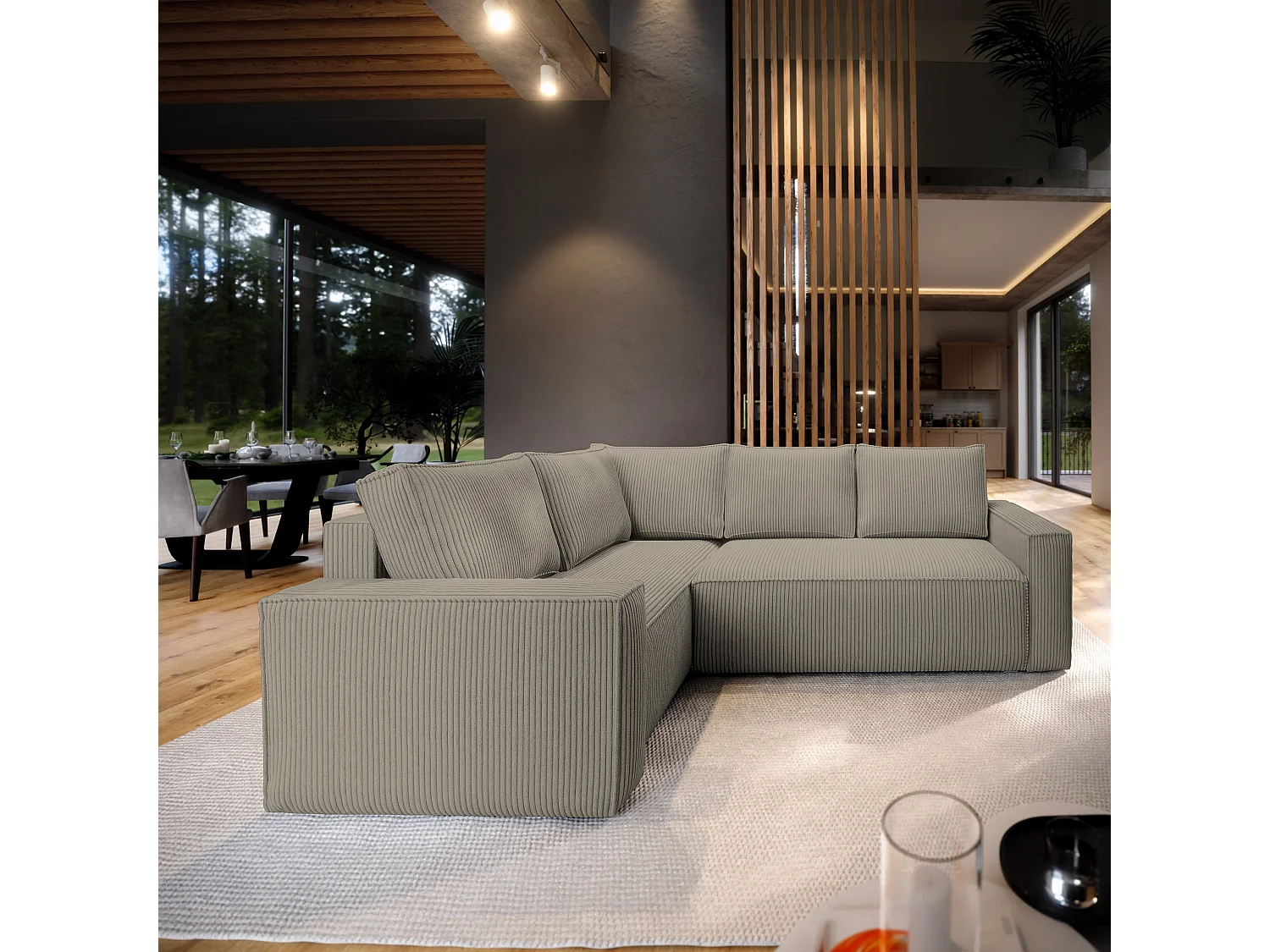 Hoekbank ESTANO van fluweel met slaapfunctie Beige