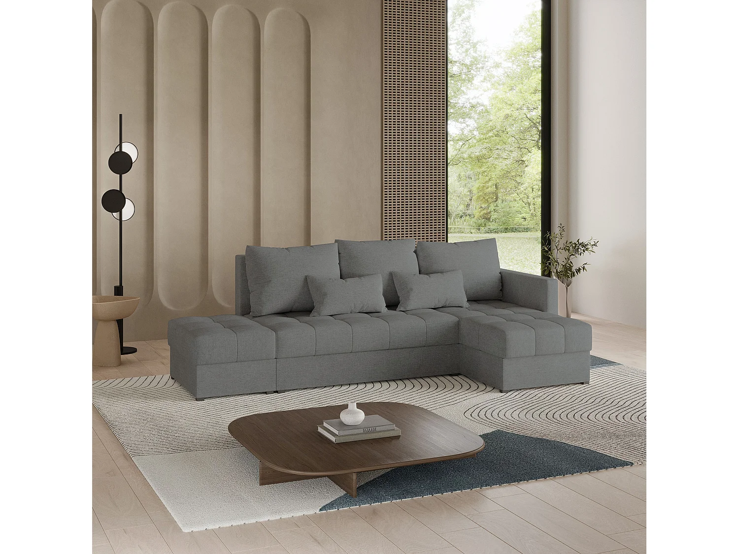 Canapé d'angle LUMARI en velours avec fonction couchage Gris