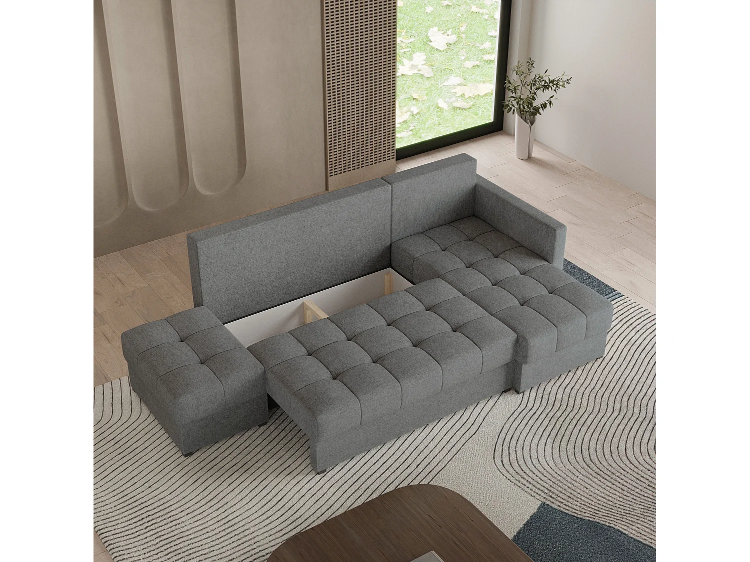 Canapé d'angle LUMARI en velours avec fonction couchage Gris
