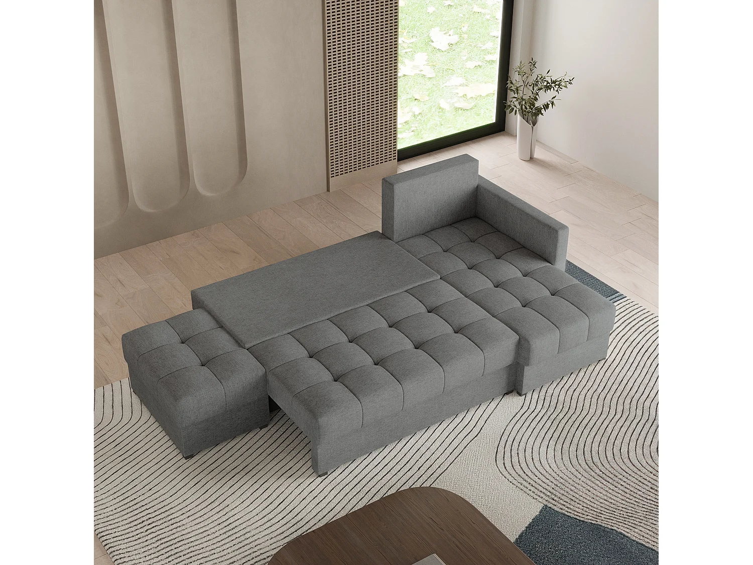 Canapé d'angle LUMARI en velours avec fonction couchage Gris